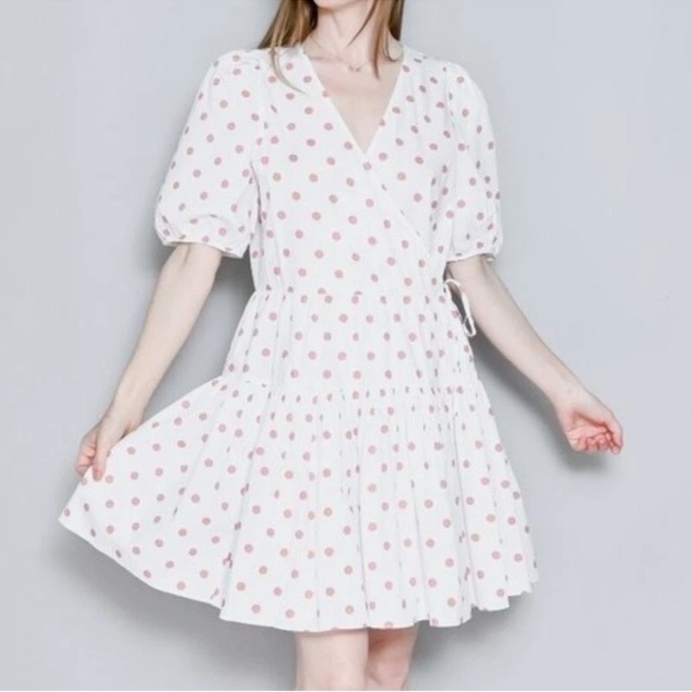 J. Crew White Dress with Pink Polka Dots Puff Sleeve Wrap Dress